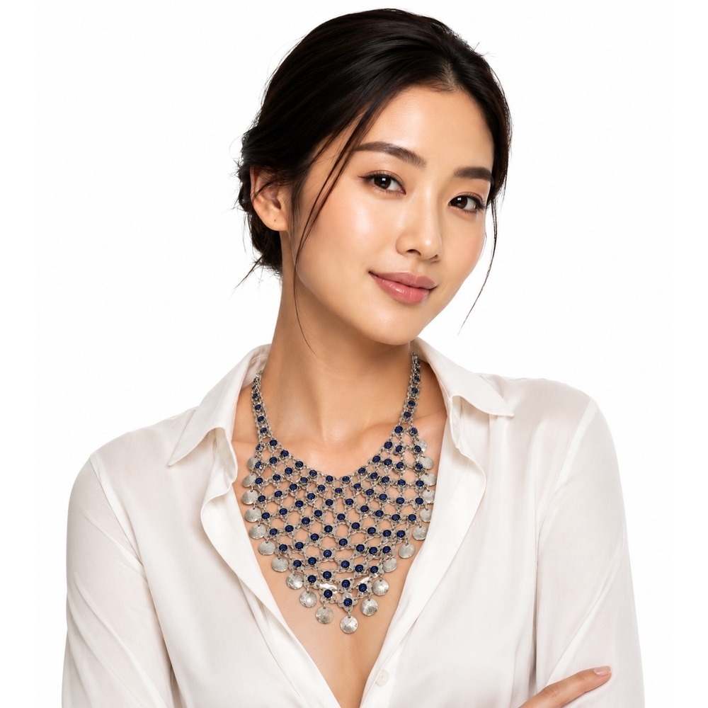 Chico's Silver Tone‎ Blue Bead Bib Necklace Coin Dangle Bohemian Tribal 103-157